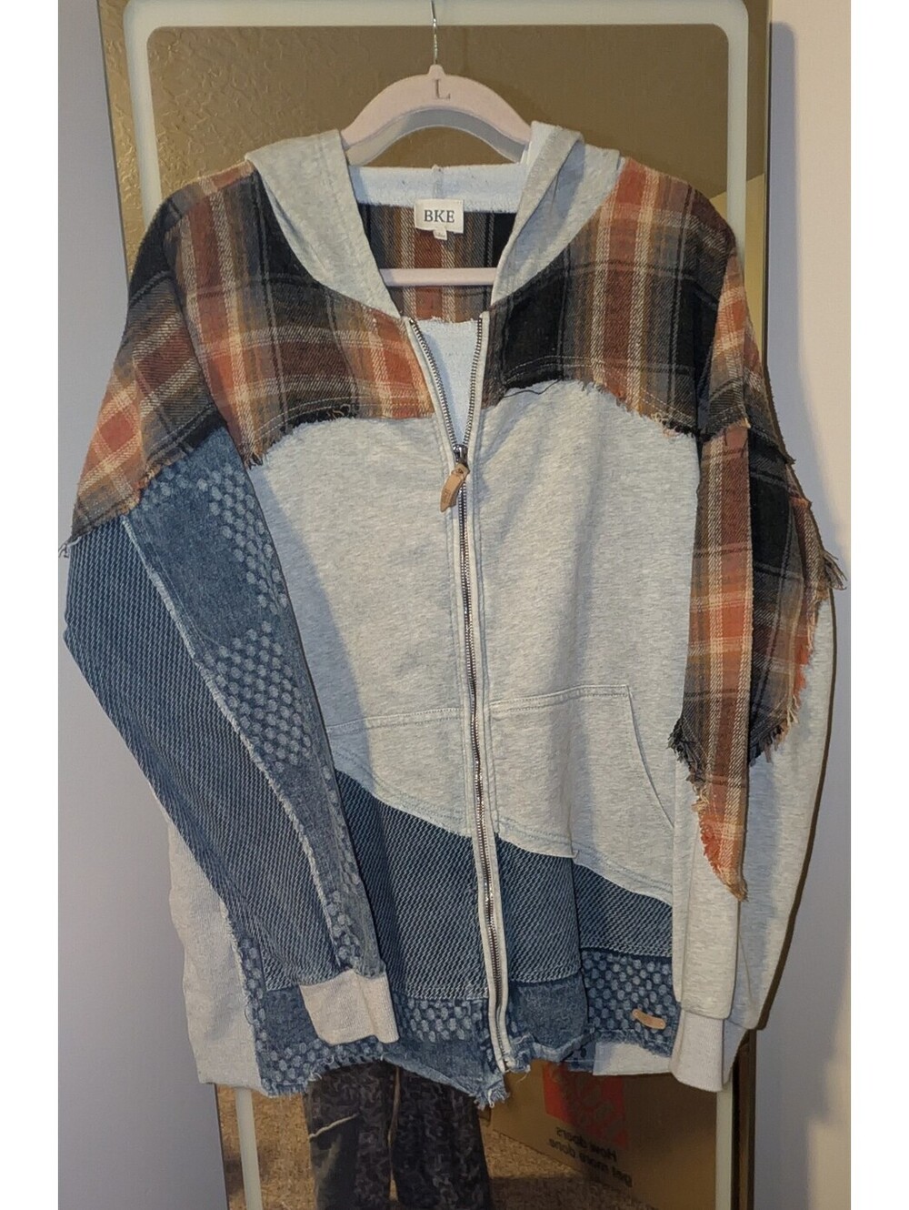 Unique Patchwork Zip-Up Hoodie with Plaid and Textured Accents, Light Gray Base